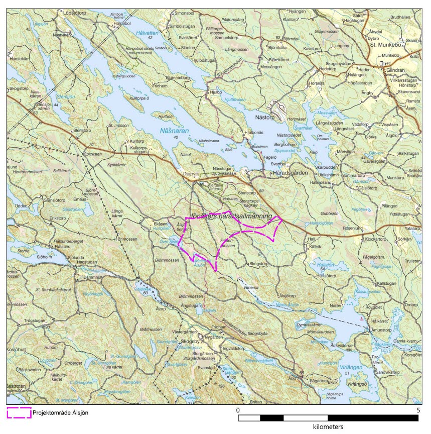 Karta som visar markerat område från Bjurtjärnen i norr till strax söder om Horntjärnen i söder. 