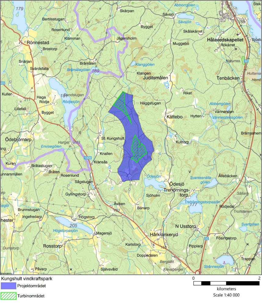 En karta som visar projektområdet vid Kungshult, i närheten av orterna St. Kungshult, Hågstugan och Odesjön.