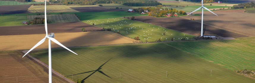 Vindkraftverk står på landsbygden med åkrar och gårdar i bakgrunden