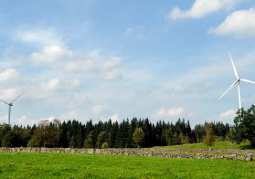 Vindkraftverk vid en skog.
