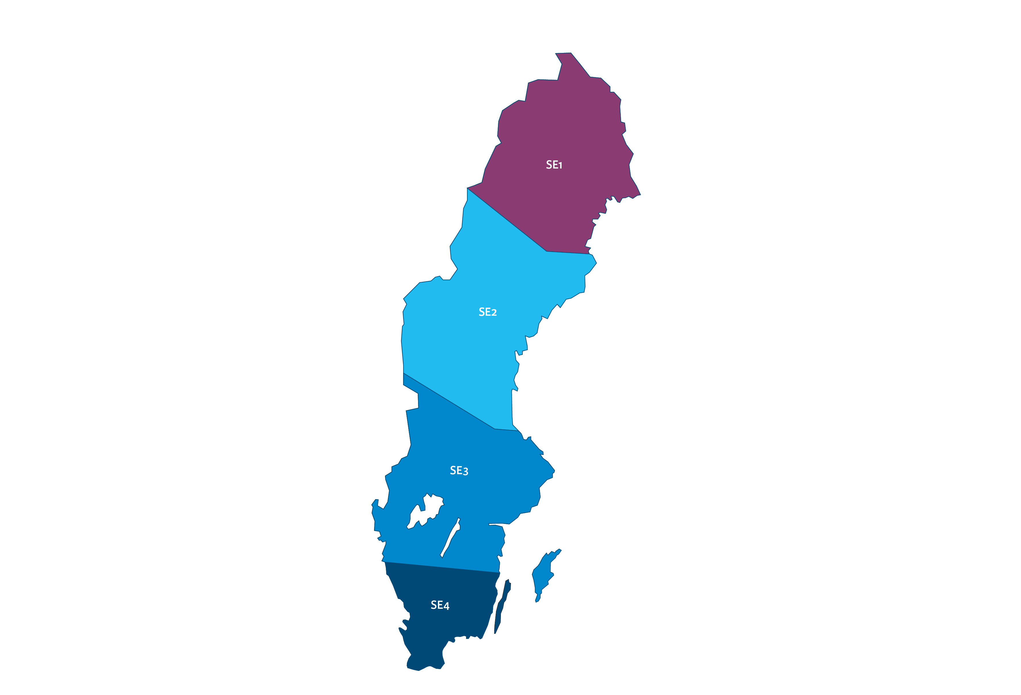 Sveriges fyra elområden från SE1 i norr till SE4 i söder.